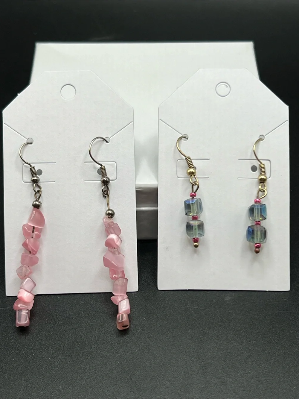 Handmade Beaded Dangle Earrings Lot of 2 Pink Cat’s Eye & Aurora Borealis Glass